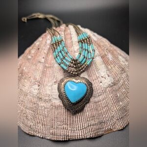 Vintage Sterling Silver Turquoise Necklace w 5 Strands Navajo Artist Signed